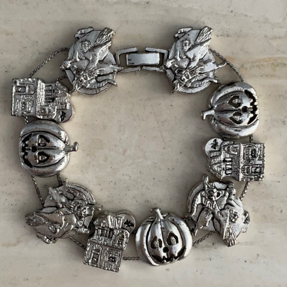 Vintage Halloween Charms Bracelet Silver Charm Pumpkin Haunted House Jewelry